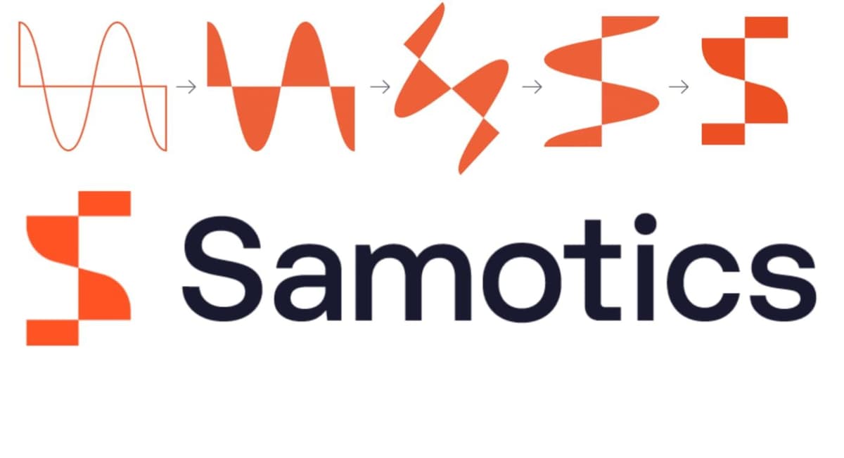 Evolution of the Samotics logo, from the Semiotic Labs S to the new Samotics sine-wave S