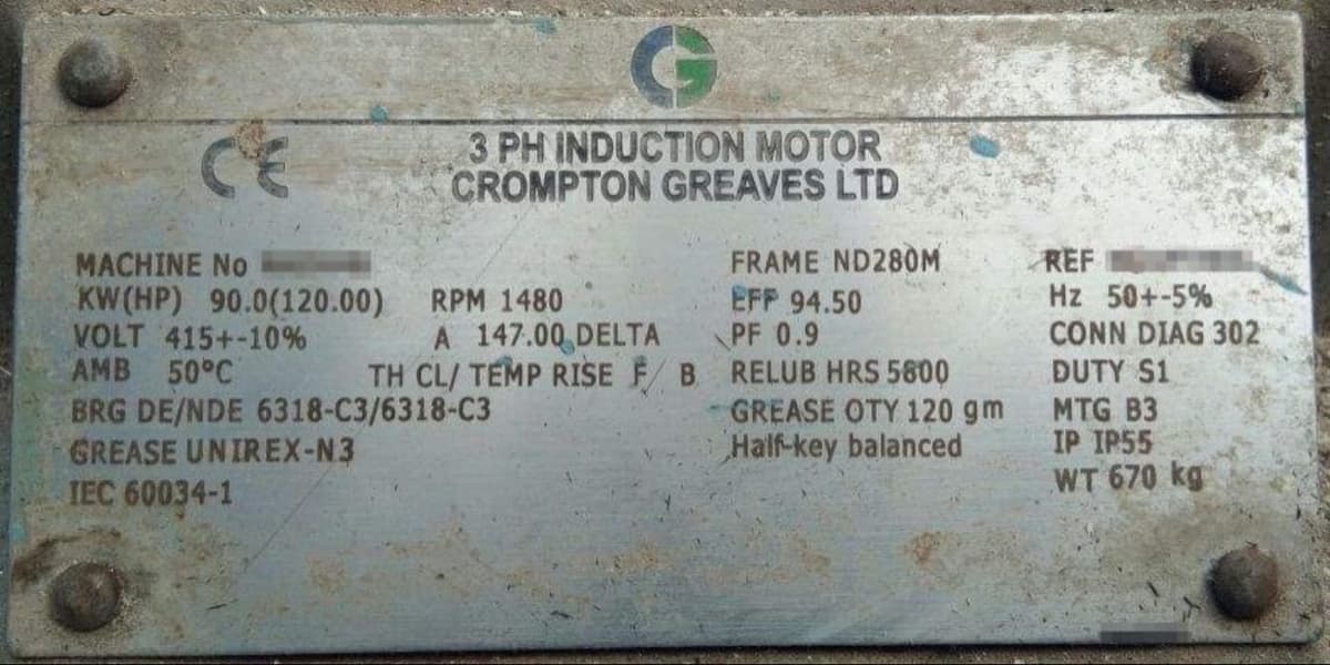 Example of a motor nameplate with bearing and regreasing specs 1400w 1